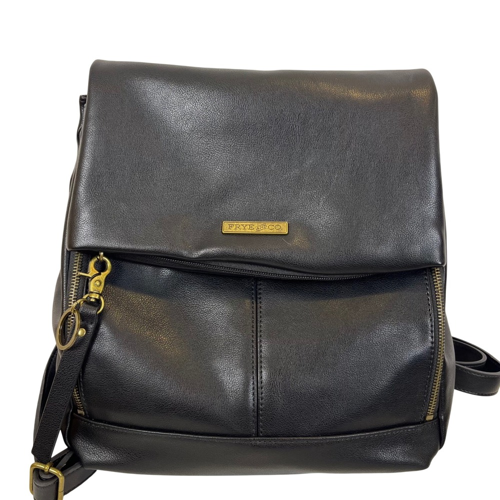 NWOT: Frye and Co Black Faux Leather Backpack Gold Hardware Snap Closure Bag - Picture 5 of 11